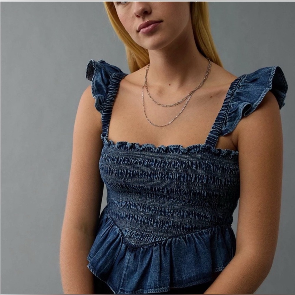 American Eagle Outfitters Dark Blue Denim Smocked Ruffle Crop Top